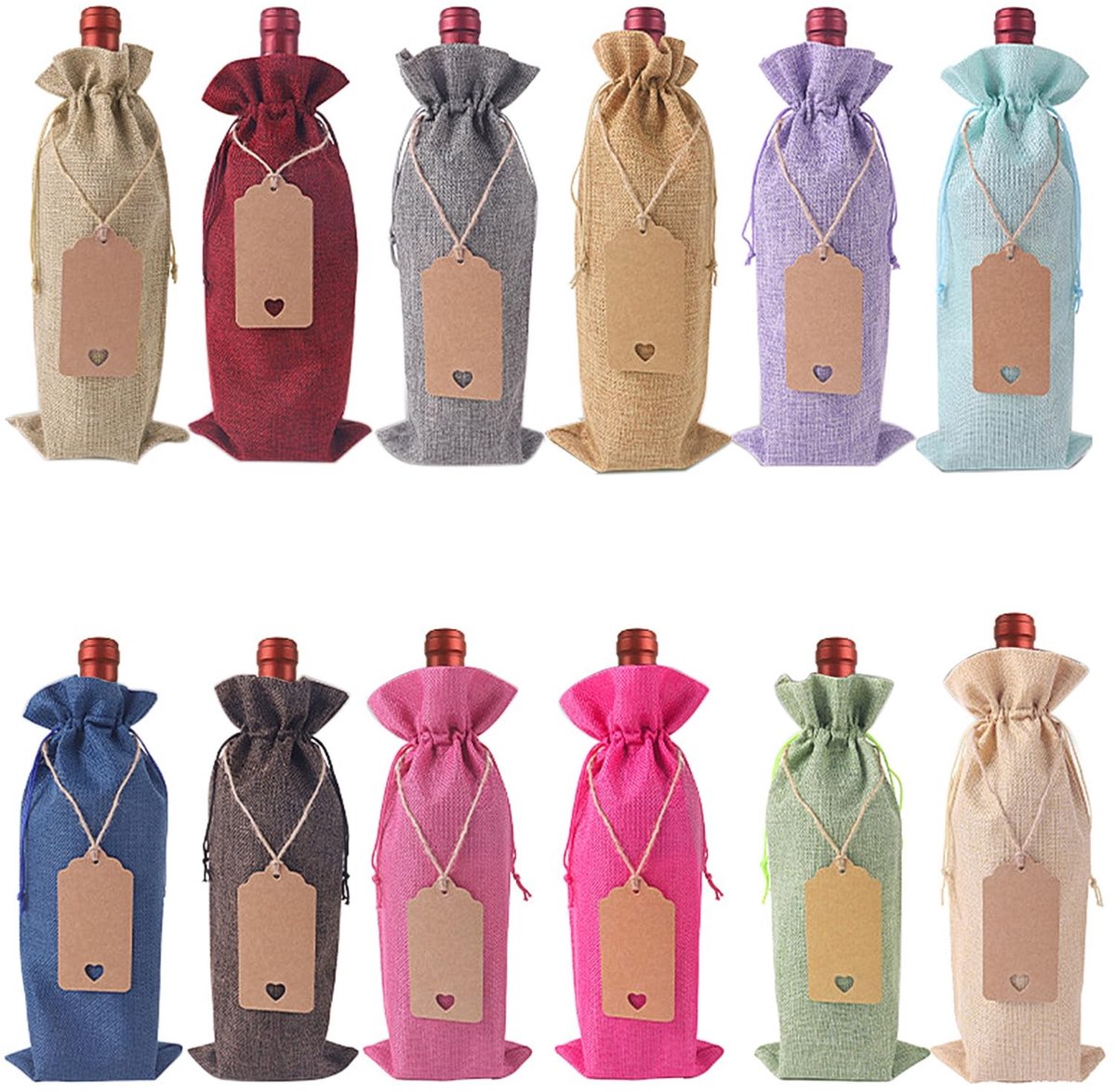 SolidKeus - Set van 12 Herbruikbare Jute Wijnzakken met Labels