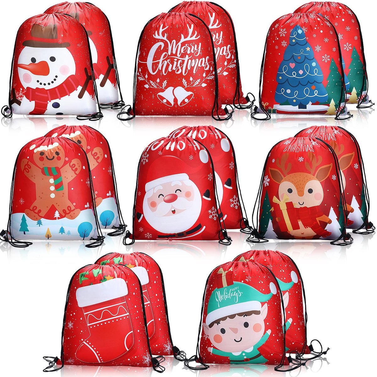 SolidKeus - Set van 16 Kerst Geschenktassen met Touw voor Verpakking