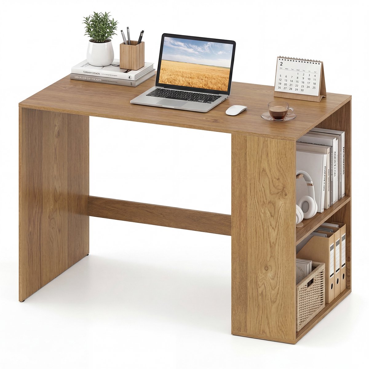 COSTWAY Bureau, computertafel met 2 open zijplanken, bureautafel met groot werkblad, pc-tafel voor thuiskantoor en werkkamer, 112 x 60 x 75 cm (natuur)