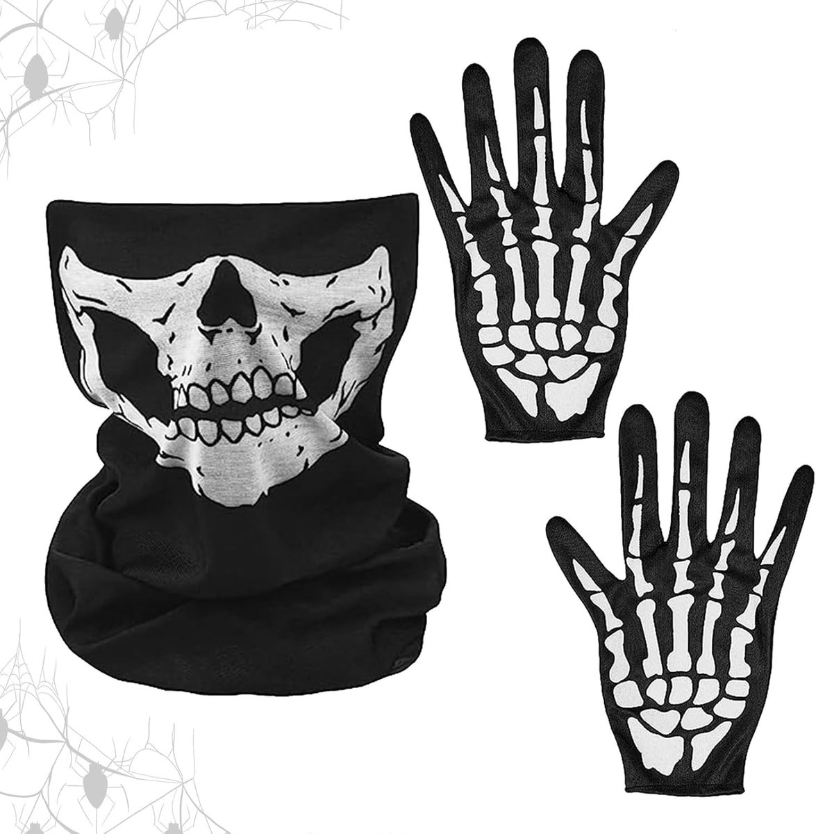 Skeleton Mask en Handschoenen voor Halloween Cosplay, Skelletton Gezichtsmasker en Zwarte Accessoires voor Volwassenen