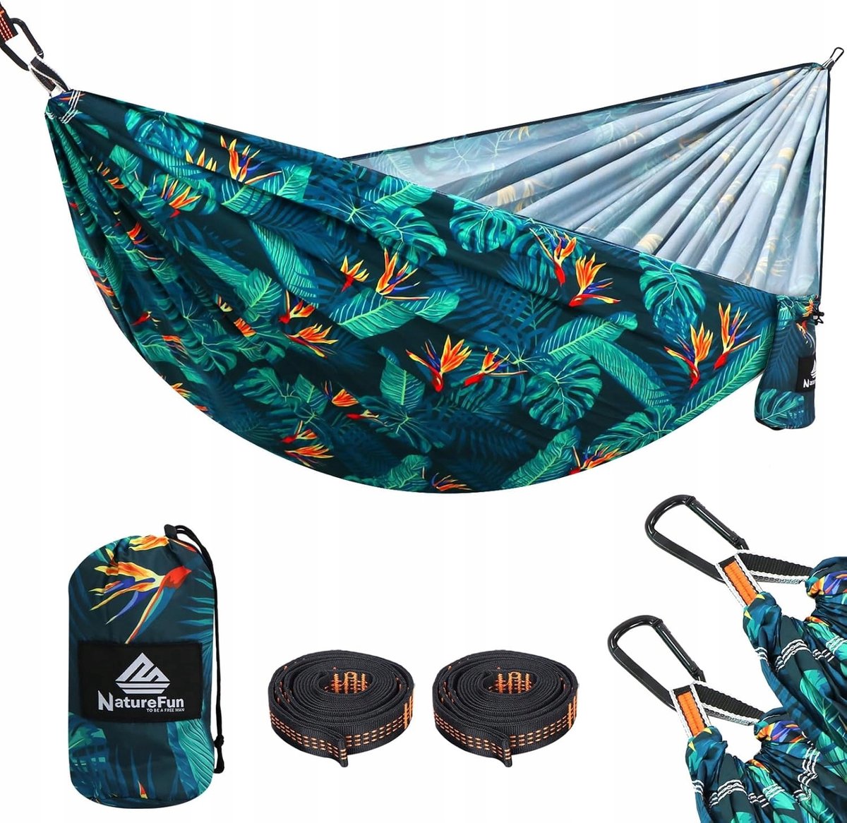 Ultralichte ademende reis-campinghangmat voor outdoor indoor gebruik - 300 kg draagvermogen - snel drogend - draagbaar (275 x 140 cm) - karabijnhaken en nylon slingers inbegrepen hangmat 2 person
