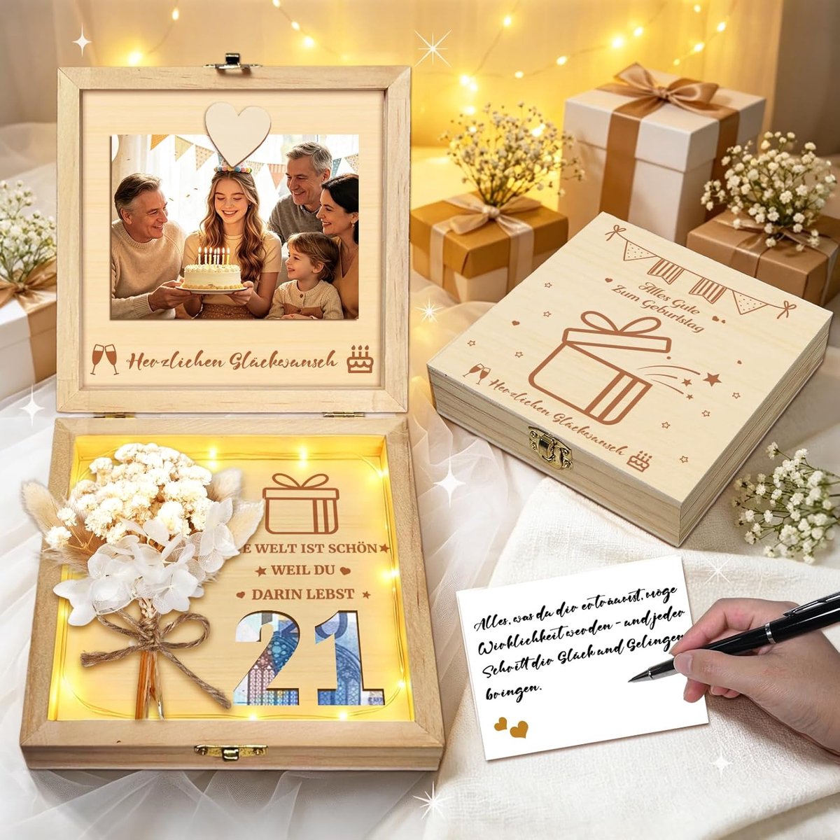 Geldgeschenk bruiloft hout met bruiloftskaart droogbloemen lichtketting - huwelijksgeschenken voor bruidspaar geldgeschenken verpakken - geschenkdoos huwelijksgeschenk ideeën (cadeauset voor 21e