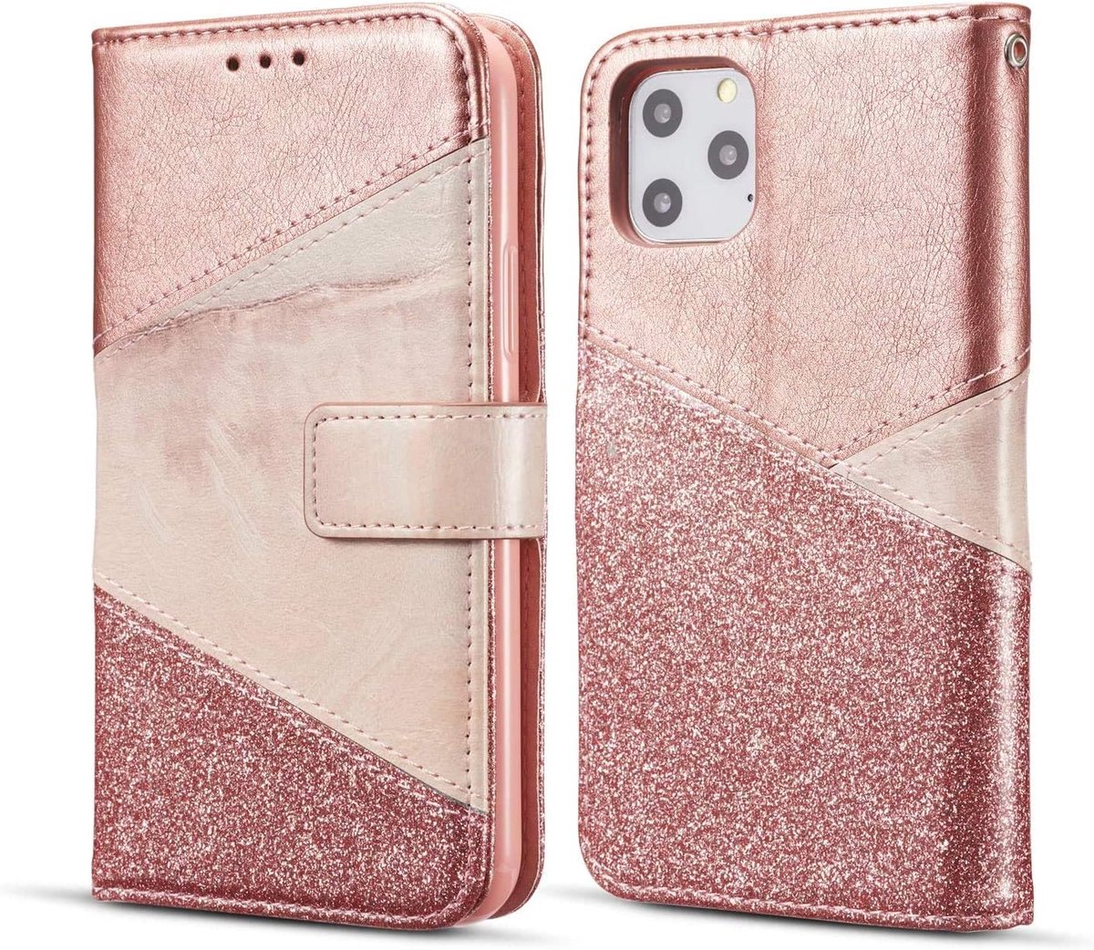 Hoes voor iPhone 12 Mini telefoonhoes, glitter telefoonhoes met magneetsluiting, PU-leer, keramisch patroon, kaartsleuven, zachte TPU flip case, beschermhoes iPhone 12 Mini 5,4 inch, roségoud