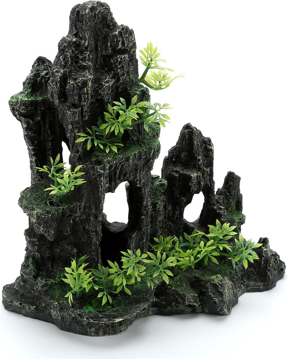 Ornamenten met uitzicht op de bergen, aquariumdecoraties, extra groot en hoog, aquariumdecoratie voor aquariumdecoratie, schuilplaats, boom, rotsgrot voor betta