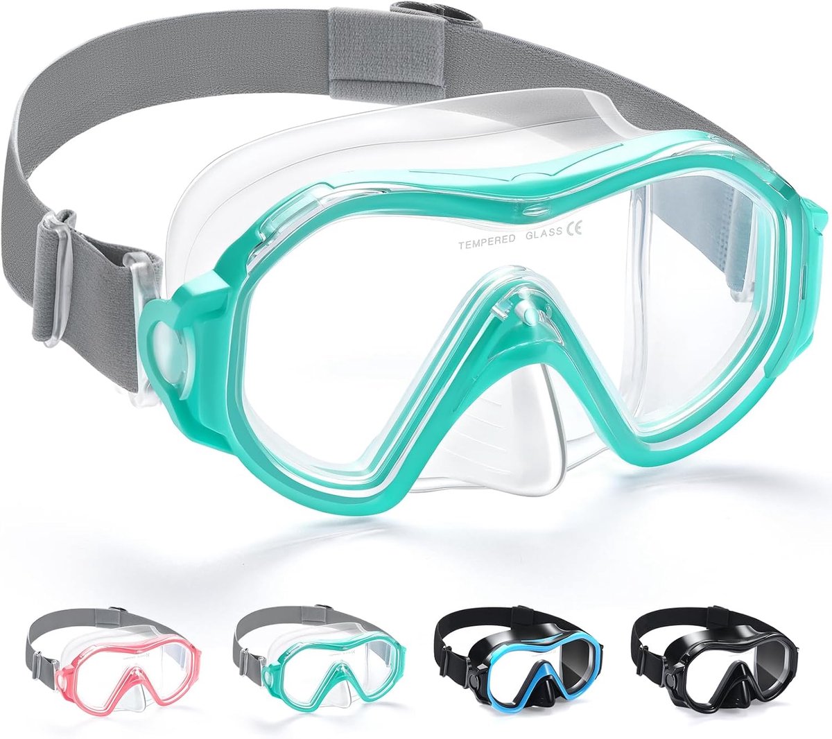 Duikbril voor volwassenen met neusbescherming, verstelbare stoffen band, 180° panoramisch HD gehard glas, snorkelbril, duikmasker voor heren, dames en jongeren