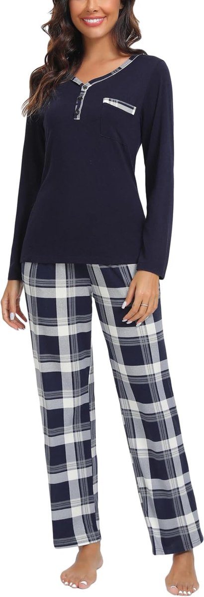 Pyjama met lange mouwen voor dames - V-hals pyjama's + geruite broek, zachte loungewear, nachtkleding voor lente en herfst