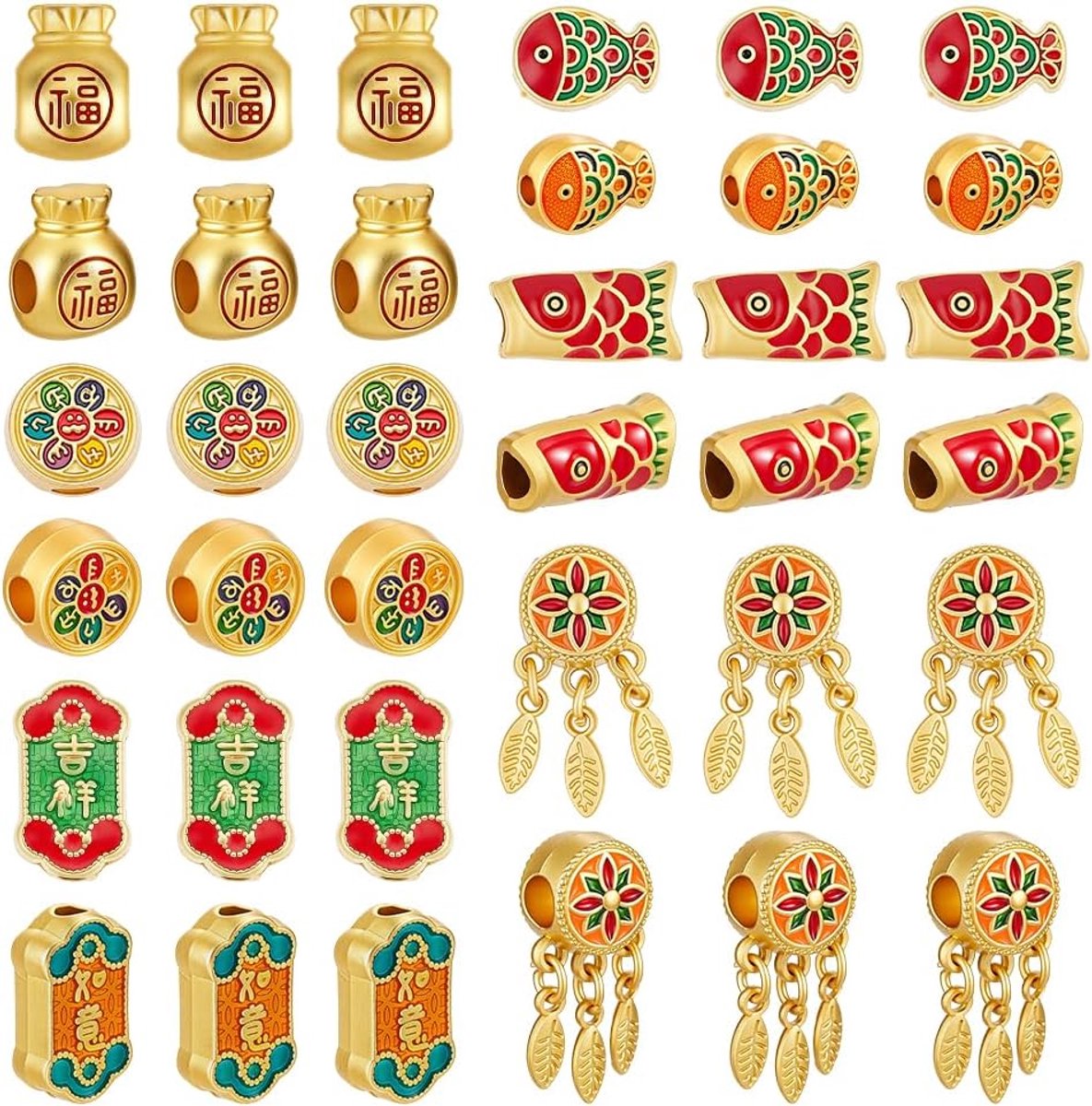 36Pcs 6 Stijlen Gouden Chinese Kralen Gelukszakken Vis Kraal Chinese Stijl Feestelijke Zegen Spacer Kralen Emaille Europese Kraal voor DIY Charm Sieraden Ambachten Armbanden Kettingen Maken