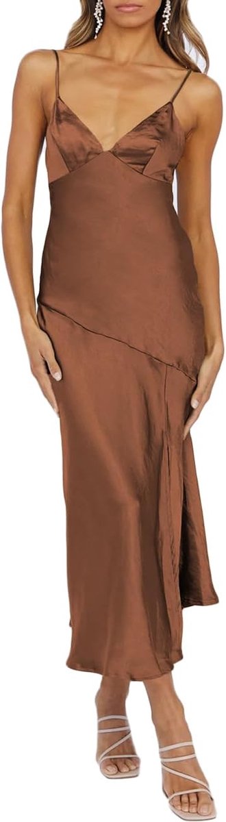 Satin V Neck Silp Midi Dress for Women Wedding Guest 2025 Sexy Spaghetti Strap Backless Long Dresses with Slit Brown