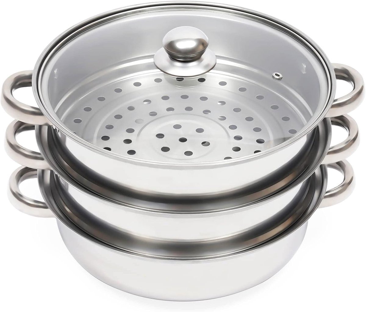 Stoompan, grote stoompan, roestvrijstalen kookgerei met glazen deksel, geschikt voor het koken en stomen van soepen