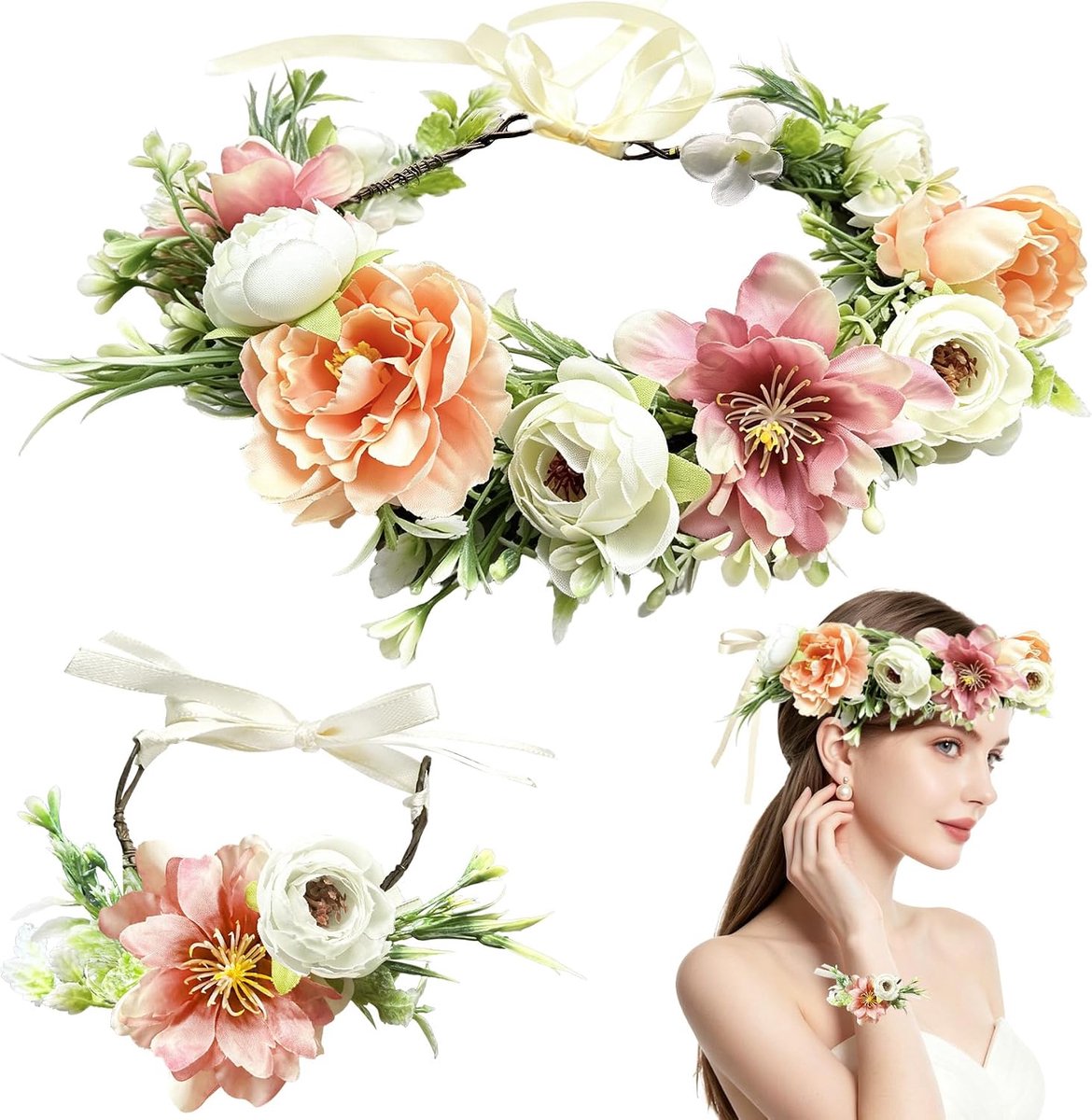 Bruiloftsslinger, bloemenkrans + armbandset, bruiloftsslinger, haarkrans met verstelbare haarband, bloemenkroon, hoofdband voor bruid, dames, meisjes, haaraccessoires voor bruiloft, feest