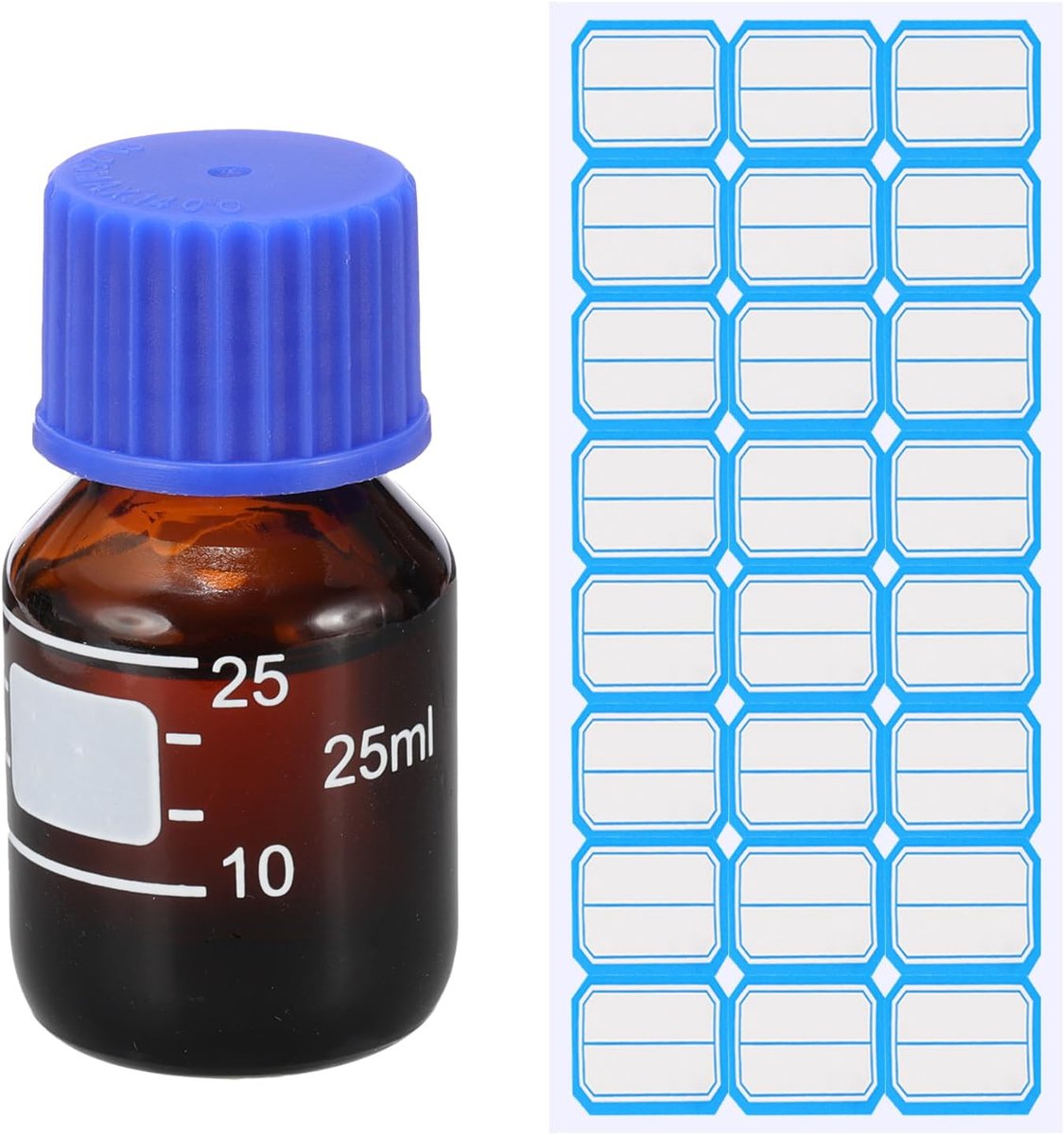 Ronde media opslagflessen, 25 ml verdikte glazen afgestudeerde ronde flessen met GL45 blauwe schroefdop voor laboratorium waterreagensvloeistoffen, bruin