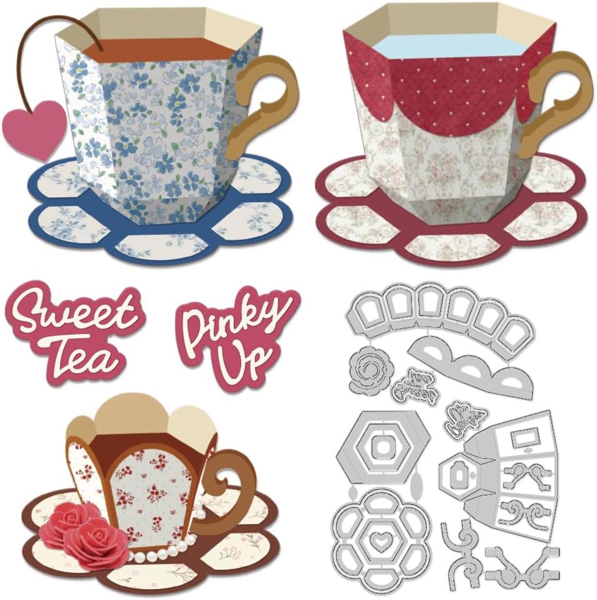 3D Theekopjes Uitsparingen Koolstofstaal Koffiekopjes Snijden Scrapbooking Embossing Patroon Matrijzen voor DIY Verjaardag Cadeau Feest Papier Wenskaart