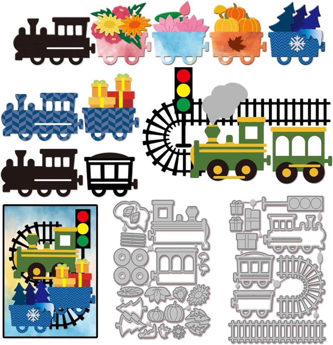 Trein Tracks Snijmallen voor DIY Kerst Scrapbooking Spoorweg Locomotief en Trein Cargo Box Metalen Die Snijdt Bloemen Planten Gesneden Stencils voor Kaarten Maken Embossing Halloween Craft