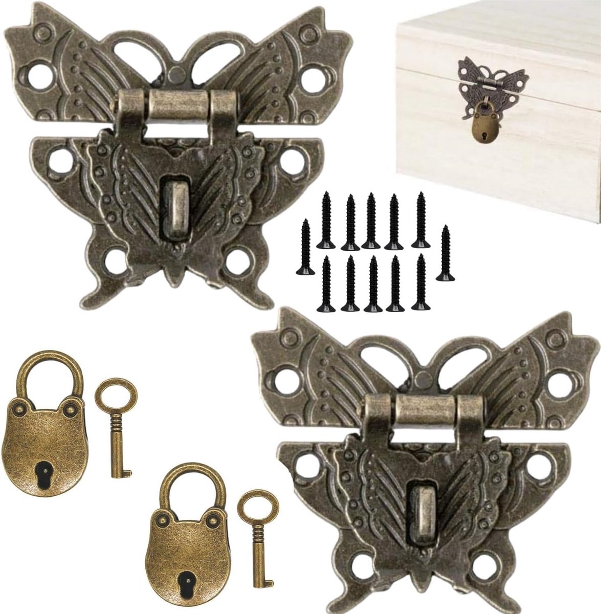 Pennen, 2 stuks antieke sloten, 2 stuks mini-sloten in vintage stijl, voor houten sieradenkistjes, kast met schroeven en sleutels, accessoires van hout