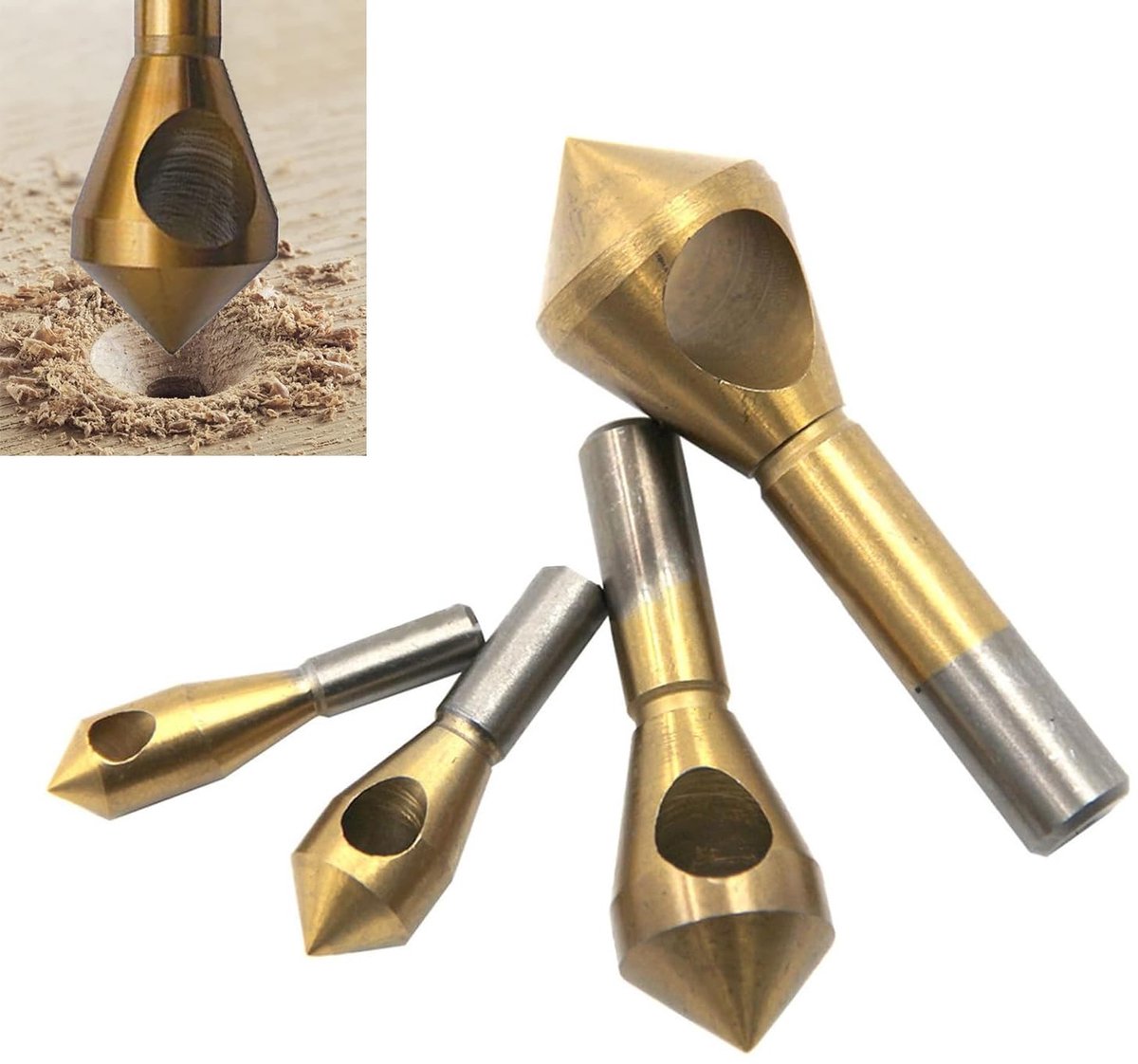 4 stuks kegelverzinken, ontbraamverzinken, 90° titanium gecoate verzinkboor, dwarsgatverzinker, HSS kegelverzinkboor voor hout, metaal, kunststof, aluminium
