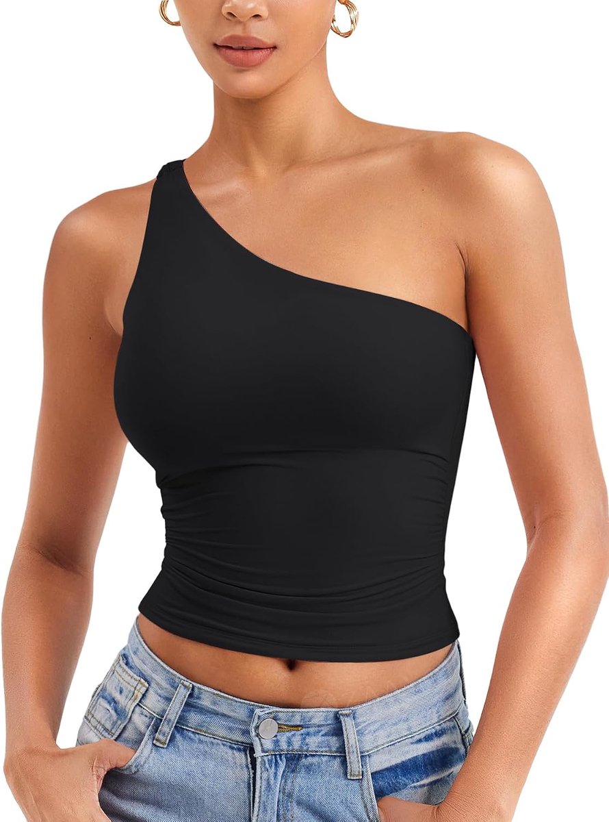 Dames One Shoulder Tank Tops Schoudervrij Bovendeel Y2K Slim Fit Crop Top Sexy Zomer Tops Double Lined Mouwloos Cropped Tee Shirt