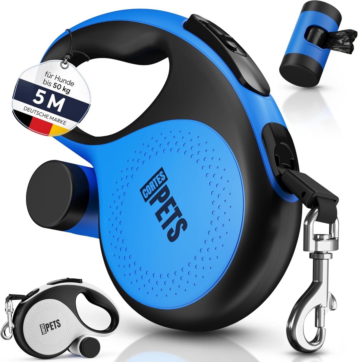 Hondenriem 5 meter - Blauw - 5 m - Uittrekbare Rollijn voor Honden tot 50 kg - Met Poepzakhouder