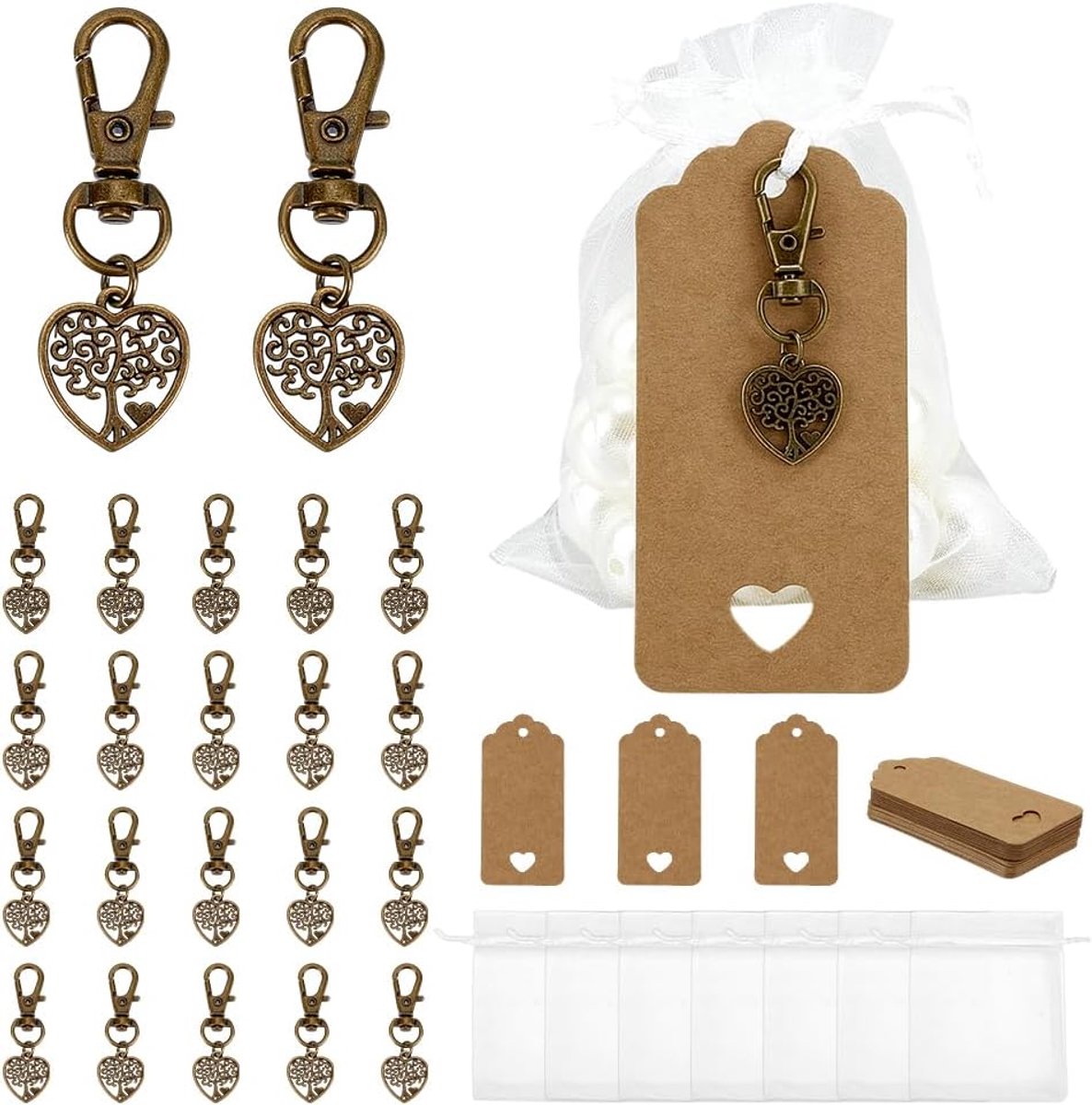 PandaHall 24 Sets Levensboom Sleutelhanger Gunsten Hartboom Sleutelhanger met Organza Geschenkzakjes Gast Retour Party Gunst Tibetaanse Stijl Sleutelhangers met Lege Tags voor Kerstmis Bruiloft