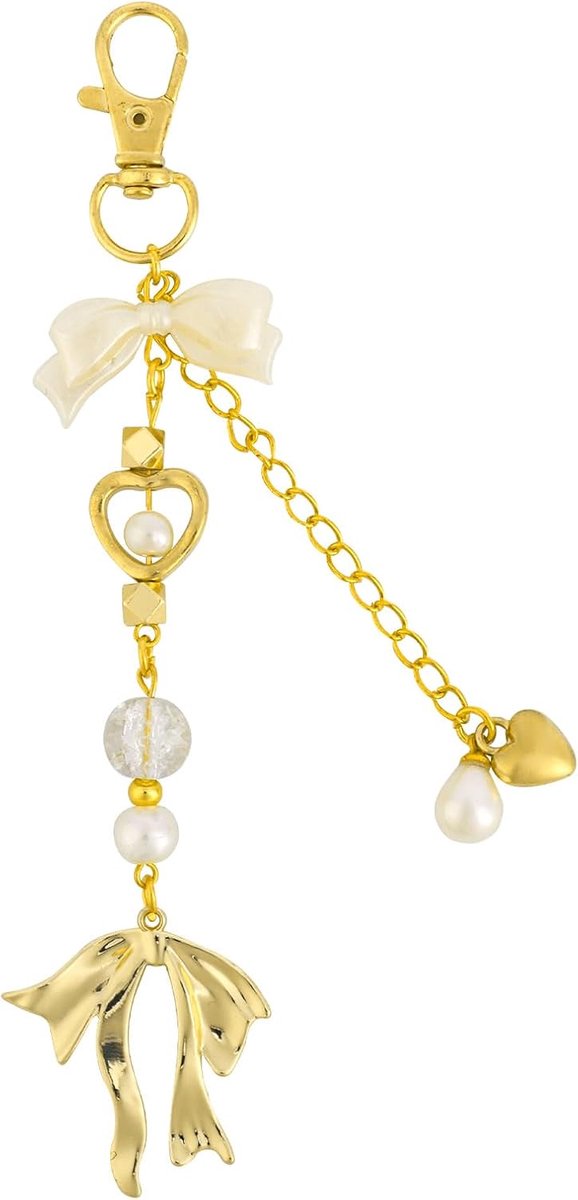 Strik Sleutelhanger, Tasbedels Parel Kralen Hanger Sleutelhanger Portemonnee Accessoires Schattige Sleutelhanger voor Autosleutels Portemonnee Handtassen Meisjes Cadeau (Wit, Goud)