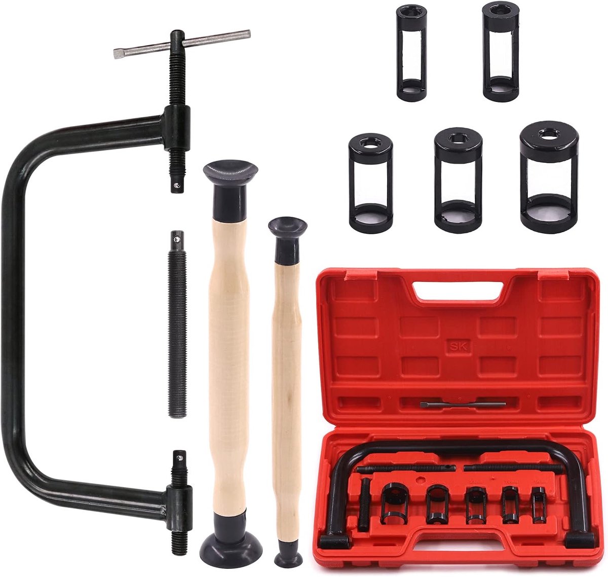 13 stuks zwarte ventielveer compressorgereedschap assortimentskit, inclusief 5 stuks pusheradapters, verlengschroeven, ventiellapperset en compressiestang voor motorrijtuigen en kleine
