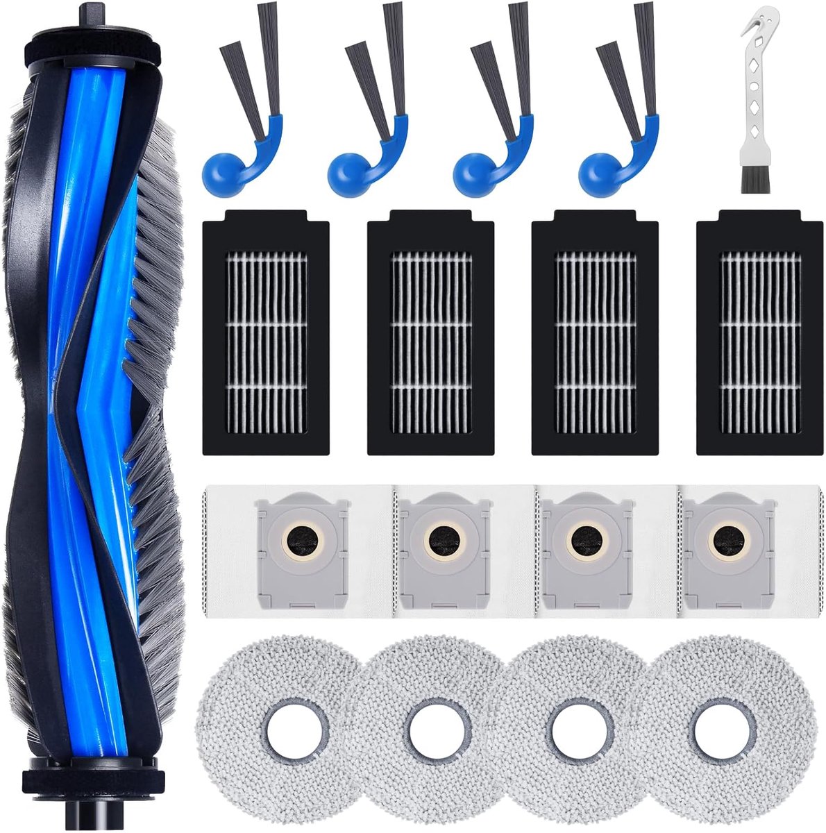18-delige accessoireset voor Ecovacs Deebot T30C Omni robotstofzuiger, 1 rolborstel, 4 HEPA-filters, 4 reinigingsdoeken, 4 stofzakken, 4 zijborstels, 1 reinigingsborstel