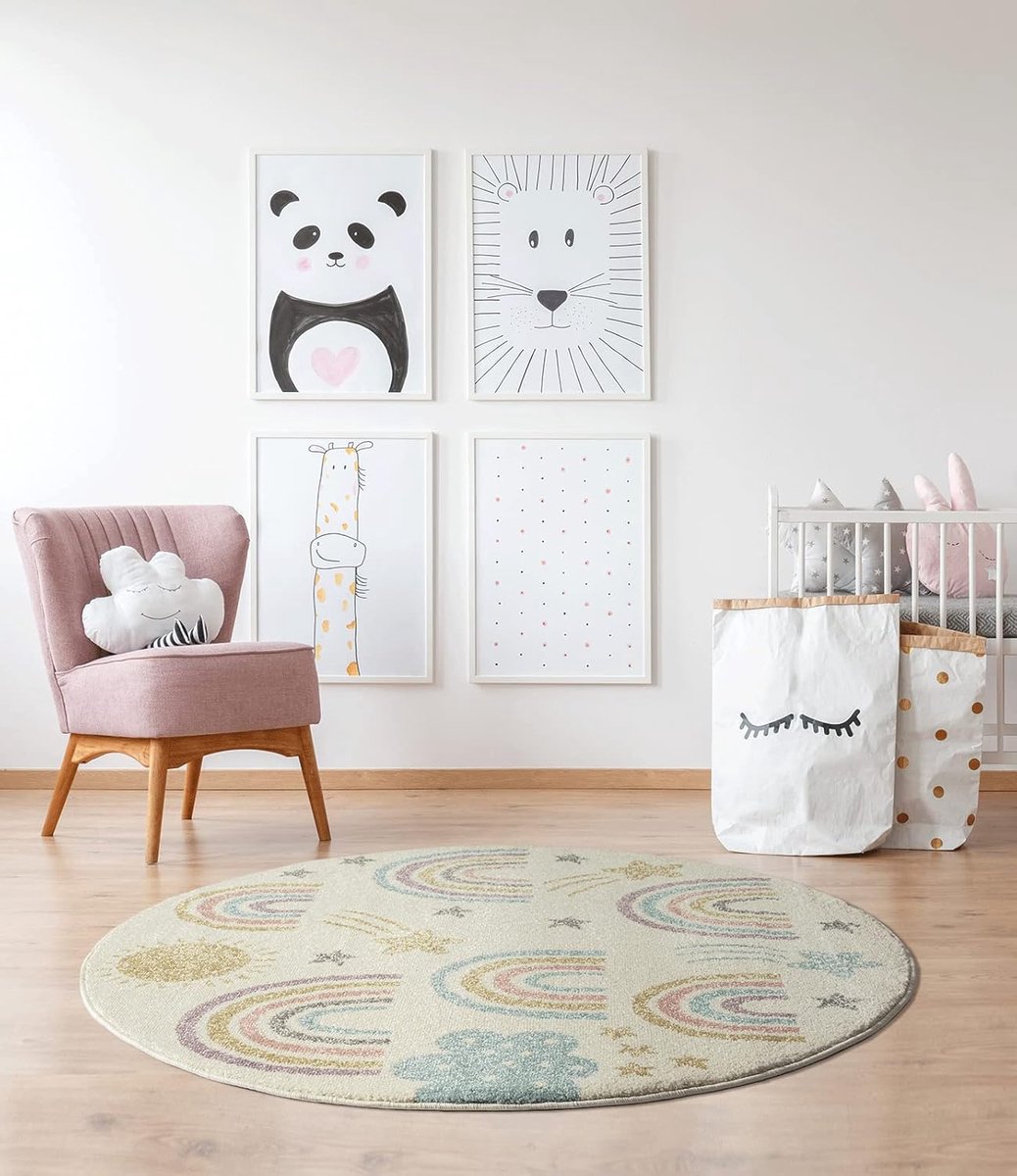 Carpet Beat Kids Modern zacht kindertapijt, zachte pool, onderhoudsarm, kleurecht, regenboogpatroon, crème-mix, 120 cm rond
