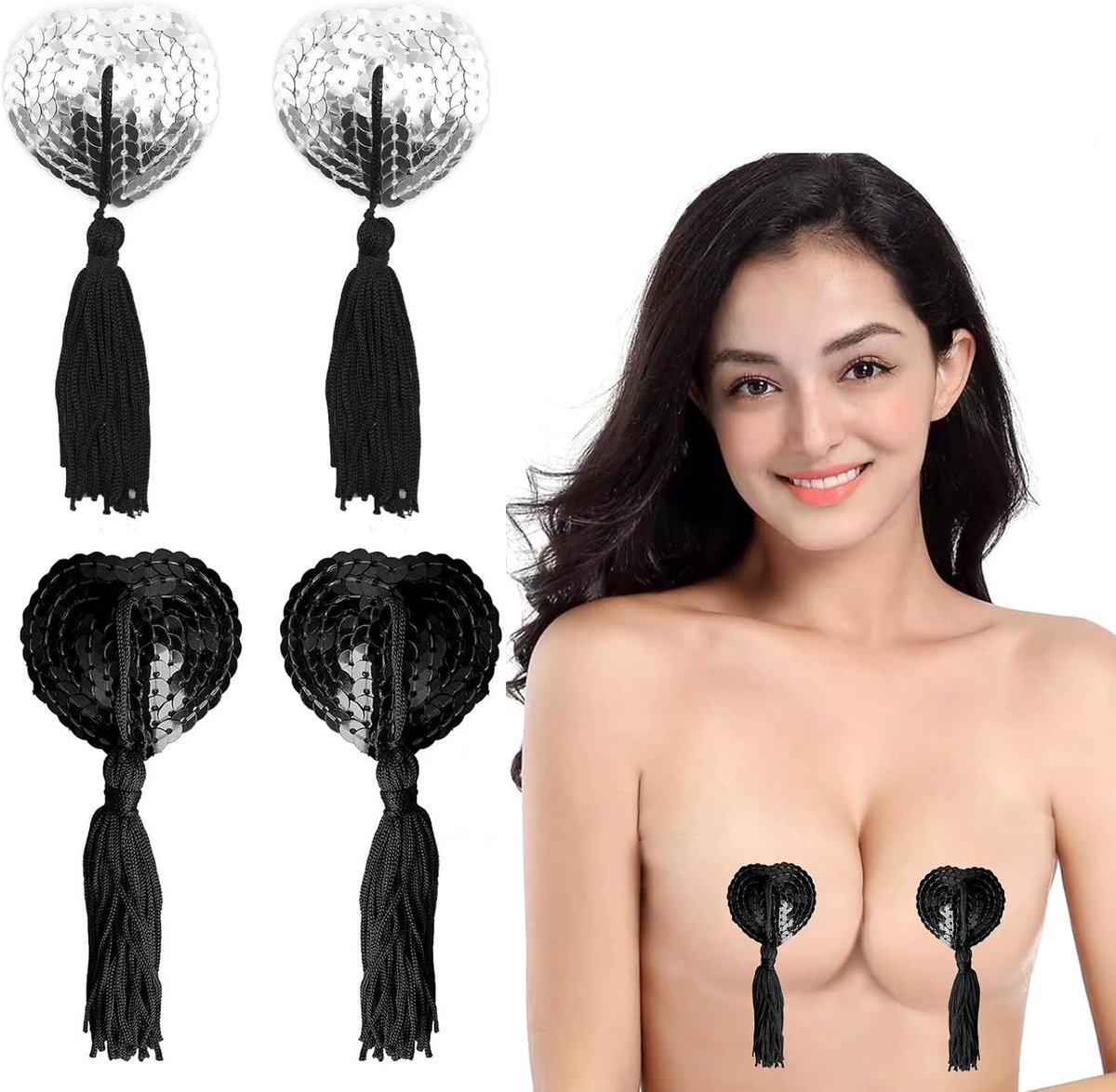 Tepelhoezen voor Vrouwen, 2 Pairs Sexy Onzichtbare Zelfklevende Herbruikbare Tepelpastei met Kwastjes Hartvorm Tepelstickers met 1 Rual voor Koppels Party Accessoire