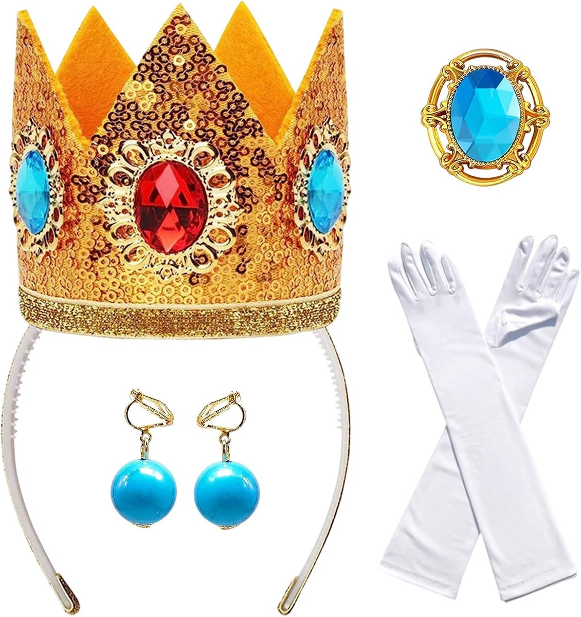 4 stuks prinses perzikkostuum accessoires, kroon / oorbellen / handschoenen / broche prinses Dress up voor vrouwen meisjes carnaval Halloween cosplay
