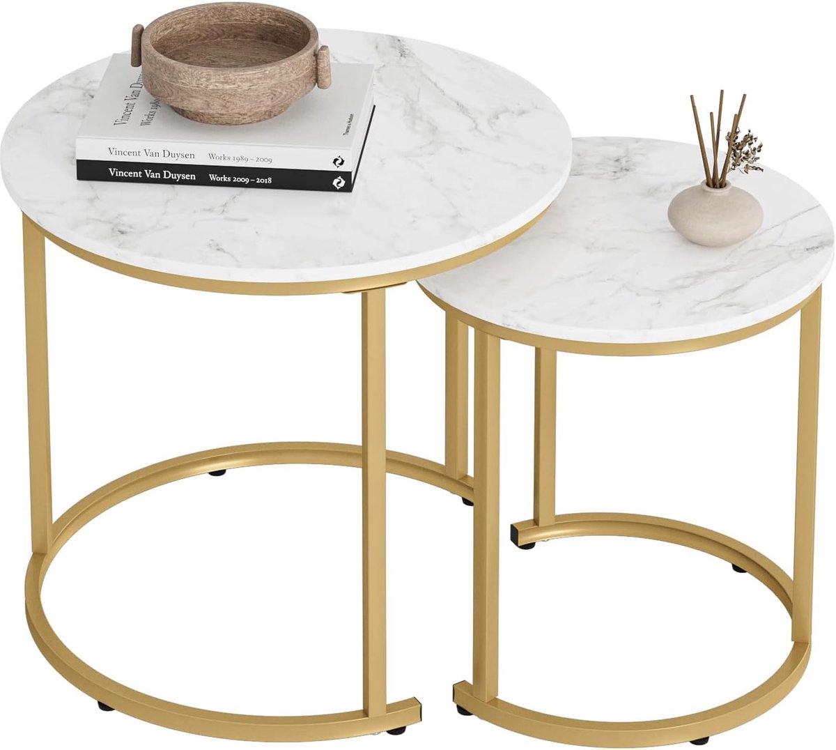 Salontafel, rond, set van 2, woonkamertafel, bijzettafel, goud metaal, koffietafel voor salontafel, woonkamer, slaapkamer, witte marmerlook met gouden poten