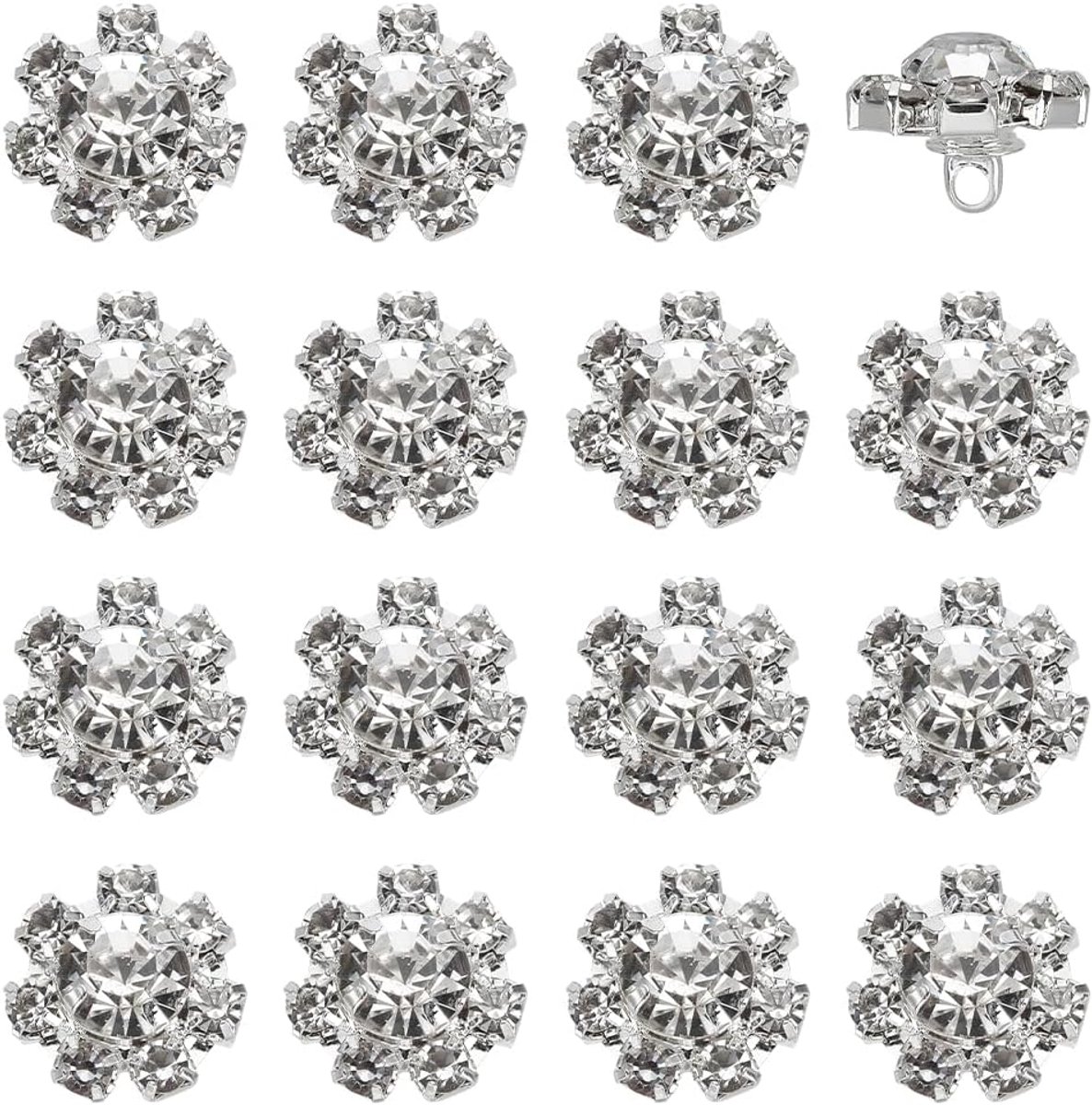 Knopen met een diameter van 15 mm, decoratief, van messing, platina, bloemenvorm, verfraaiing voor naaien, kristallen strass-knopen voor decoratie, kleding