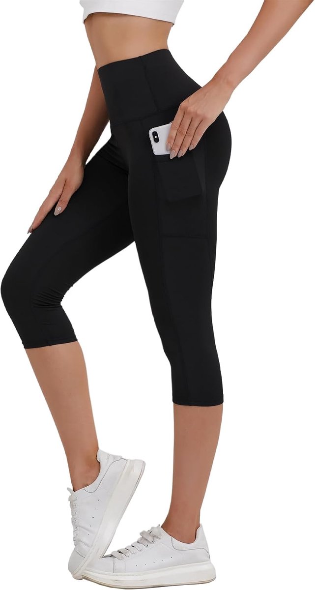 Capri Legging Dames High Waist 3/4 Sportlegging met Zakken Opaque Korte Sportbroek Elastische Legging Zwart 7/8 Broek Zomer voor Yoga Gym Fitness