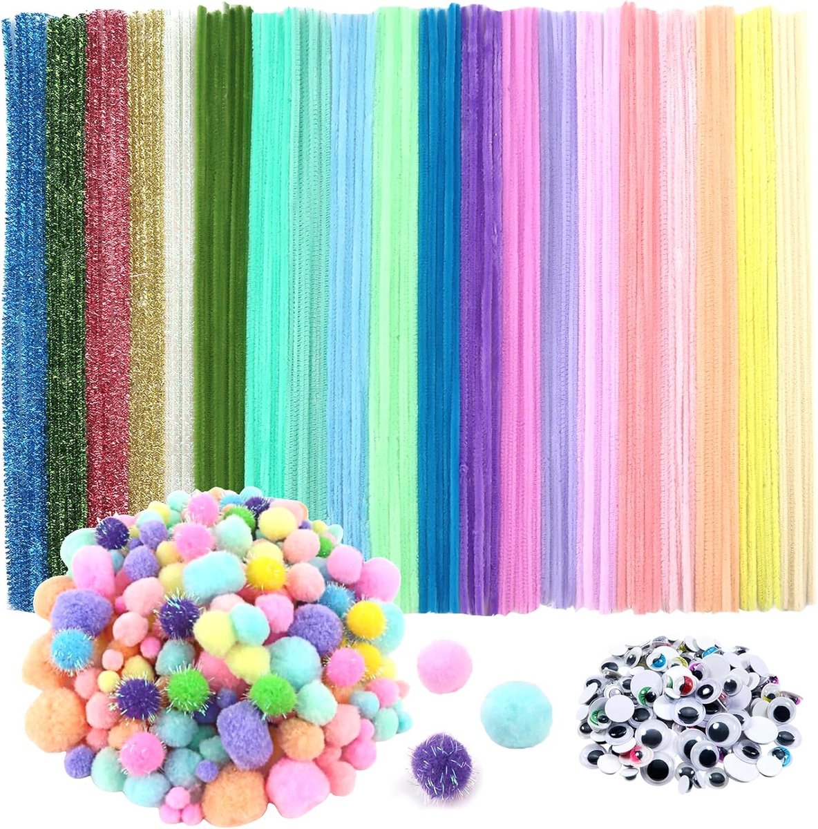 500 Stuks Kleurrijke Pijpenreinigerset Bevat Chenilledraad Pompons en Zelfklevende Wiebelogen Verschillende Maten voor Ambachtelijke Decoratie