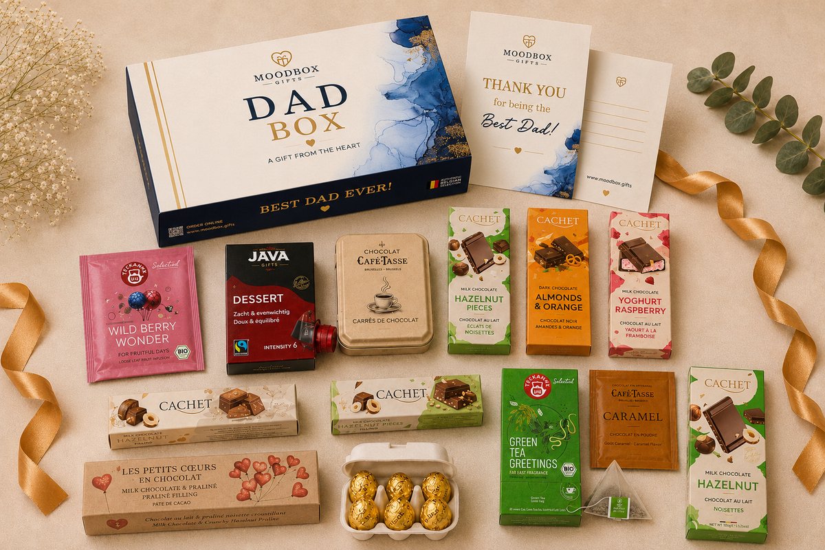 Luxe cadeaubox voor papa – Belgische chocolade, koffie, thee & lekkernijen – Gepersonaliseerde wenskaart – Moodbox Gifts – Dad Box Prestige