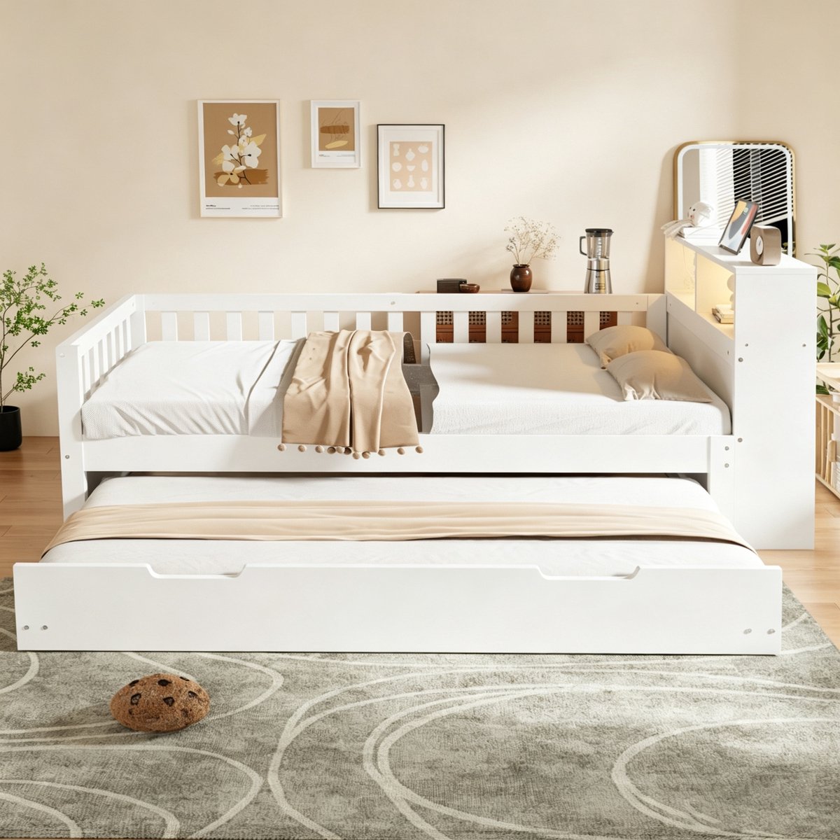 VVBV Bedbank 90x200 cm - Uitschuifbaar, Uitvalbeveiliging, USB & Type-C, Opbergruimte - Wit, Hout