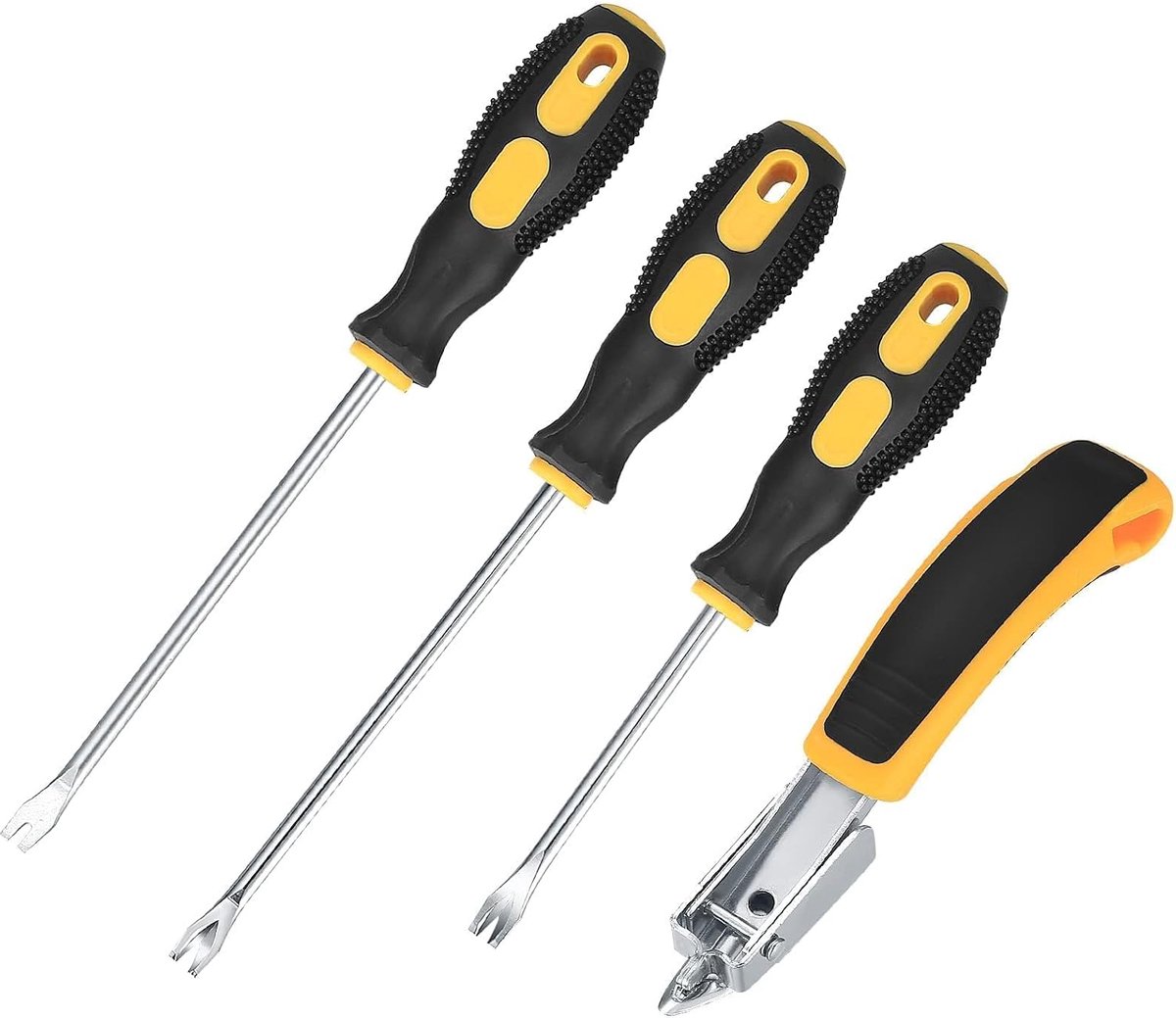 Deze vierdelige spijkertrekkerset bevat twee V-vormige spijkertrekkers van 15 cm, één V-vormige spijkertrekker van 10 cm en één spijkerverwijderaar; geschikt voor het verwijderen van spijkers in de tuin, buitenshuis, in huis en in tenten