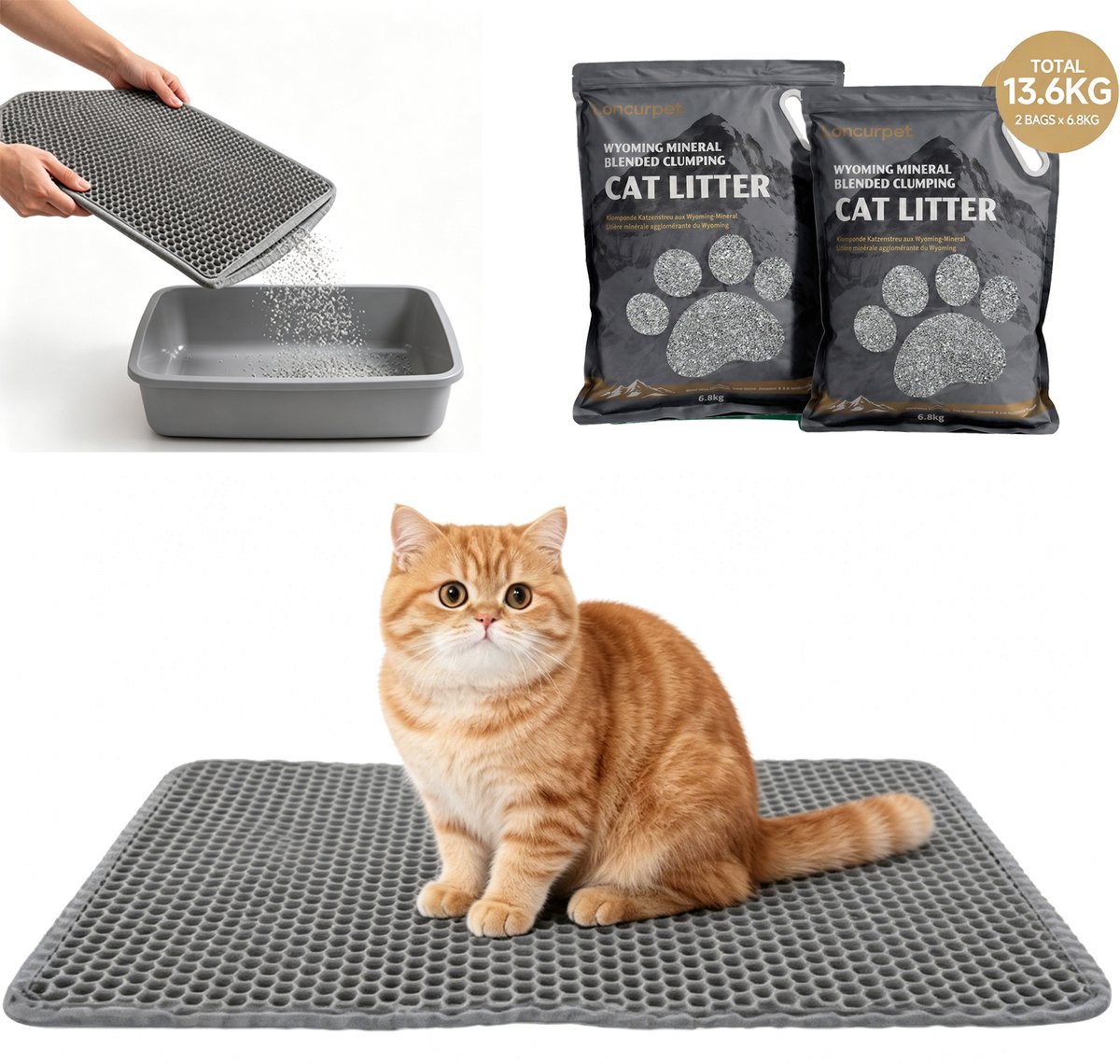 Loncurpet Kattenbakmat Met Kattenbakvulling - Wyoming Natrium Bentoniet Klei +Cassava - 60x40cm - Grijs Kattenmat - Uitloopmat Grit opvanger - Honingraatstructuur - Waterdicht - Eco‑friendly - Opvang ruimte