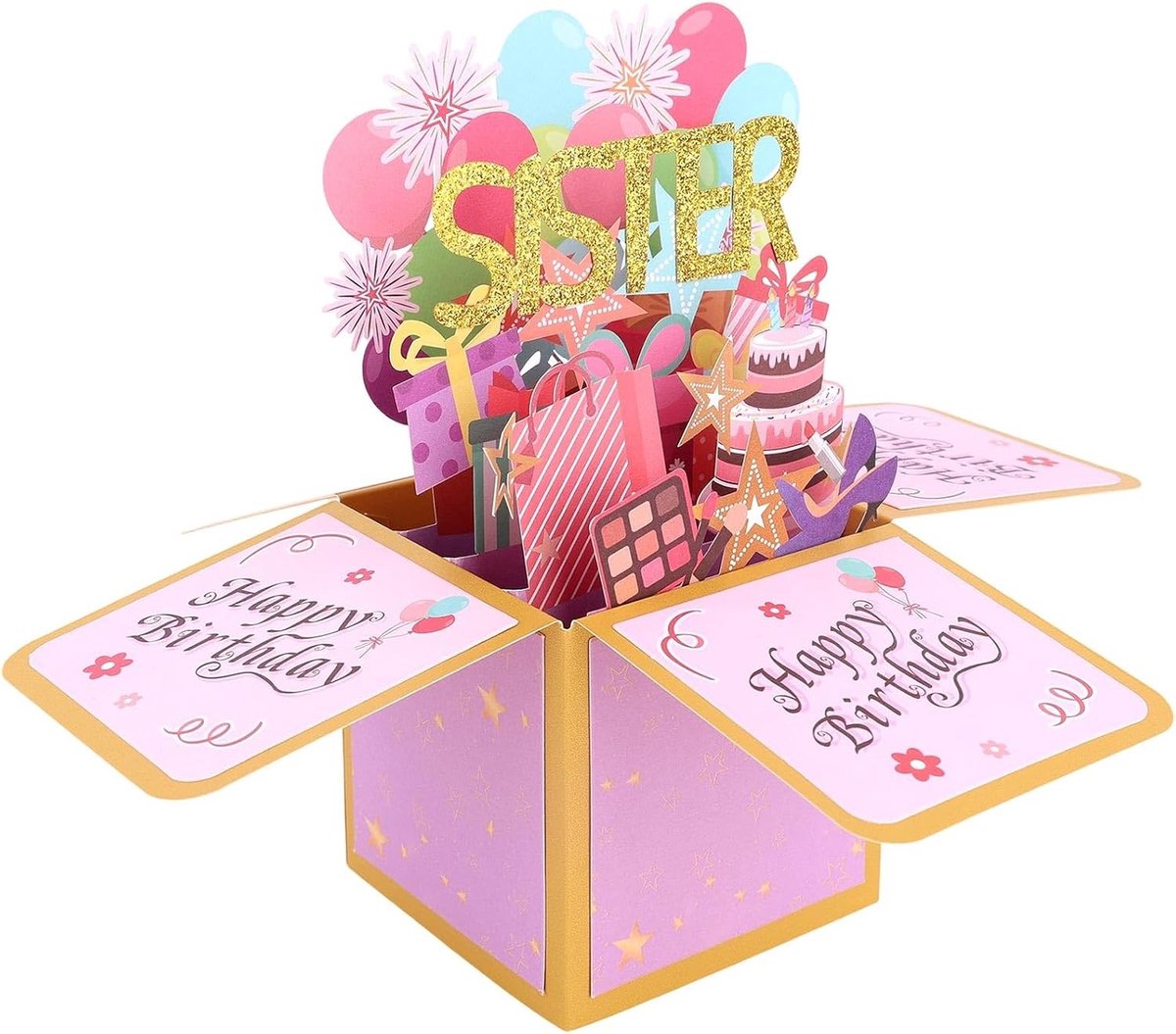 Gepersonaliseerde Roze 3D Verjaardagskaart voor Zus, Creatieve Pop-Upkaart met Envelop als Uniek Cadeau voor Verjaardag