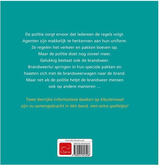 Boek met informatie over politie en brandweer, met illustraties. Tekst: 'De politie zorgt ervoor dat iedereen de regels volgt...' en 'Gelukkig bestaat ook de brandweer.'