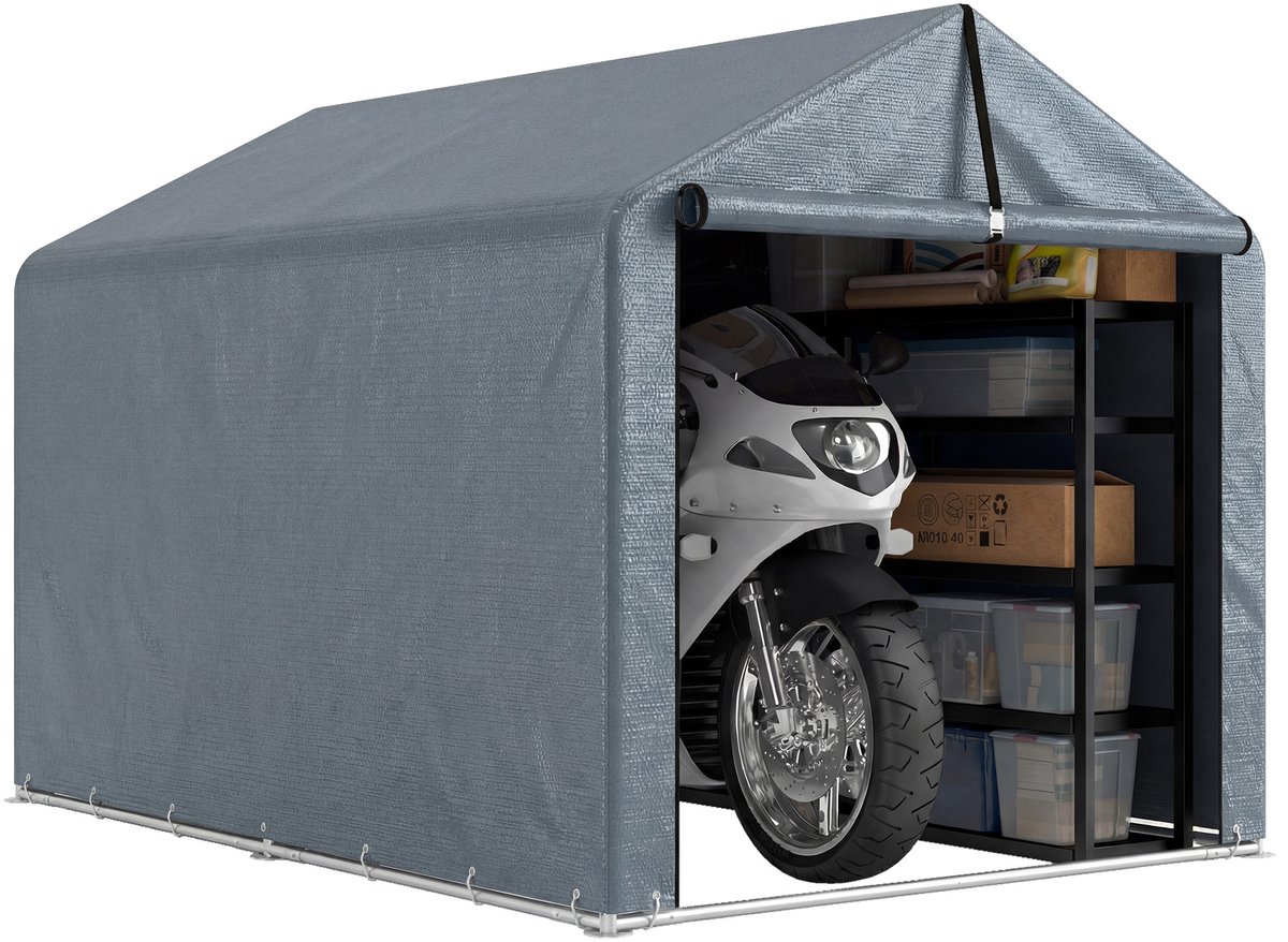 Garagetent 2,2 x 1,6 m-waterdichte uitrustingstent met oproldeur-hellend dak-stalen frame-UV-bestendig-donkergrijs