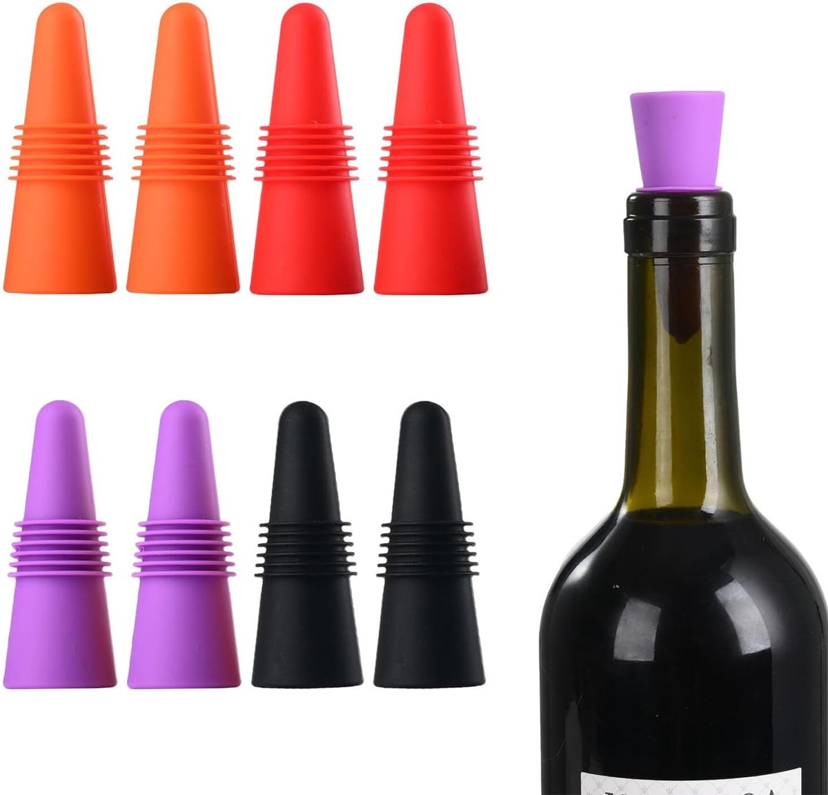 Herbruikbare siliconen flessenstopper set van 8 voor wijn en champagne, perfect voor versheid en smaakbehoud
