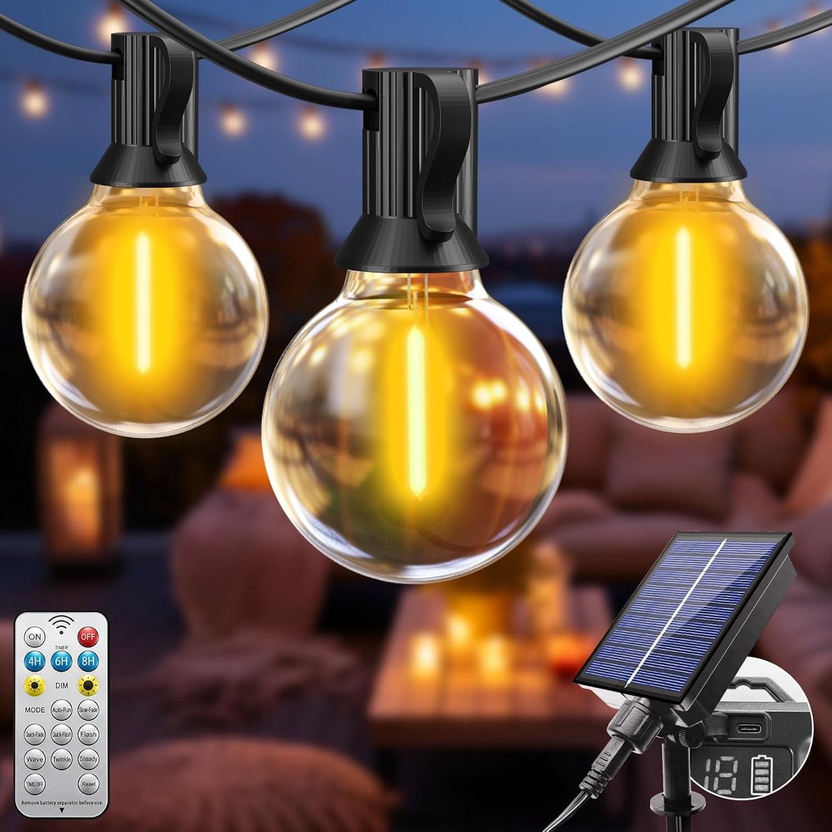 Tuinverlichting buiten lichtsnoern - Transparant - 8 m - Solar G40 LED Lichtsnoer met Afstandsbediening - Voor Tuin en Balkon