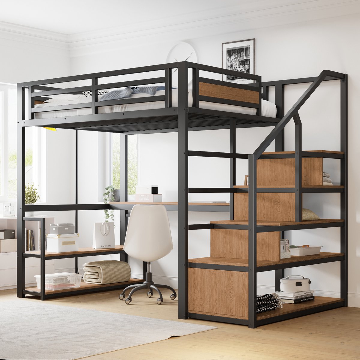 Bedframe - voor matras 140 x 200 cm - zwart - met opbergruimte - afmetingen 145 x 255 x 175 cm - matras niet inbegrepen - voor de slaapkamer