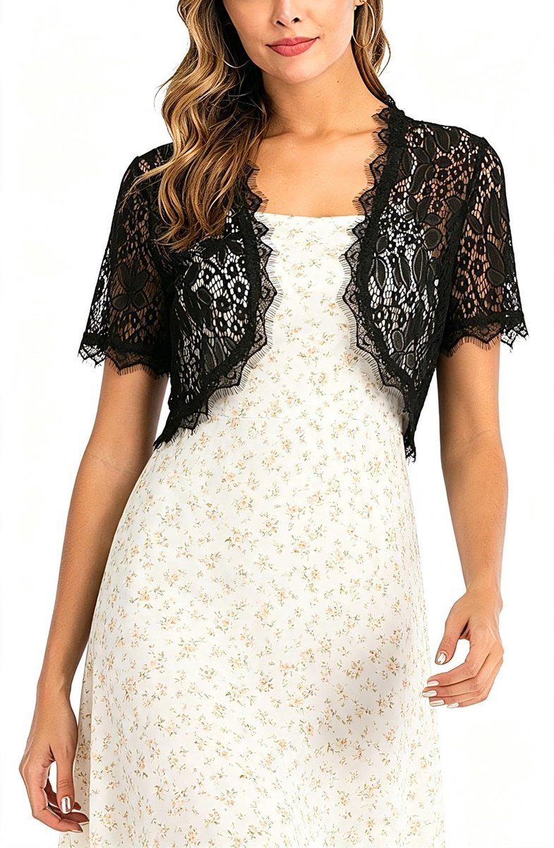 SolidKeus - Vrouwen Lace Korte Mouw Open Jacket voor Elegante Gelegenheden in Zwart