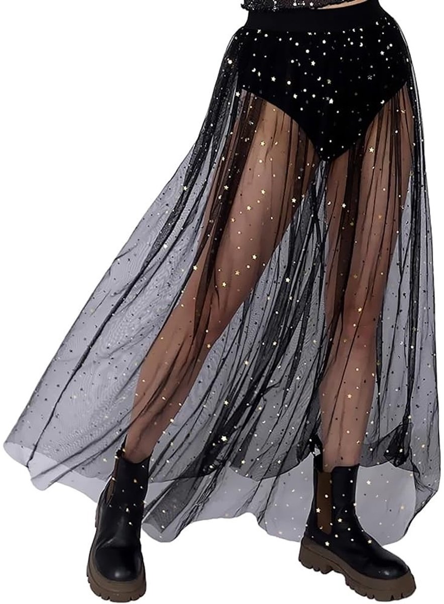 SolidKeus - Vrouwen Tulle Rok met Sterrenpatroon, Elegante Maxi Rok voor Feestjes