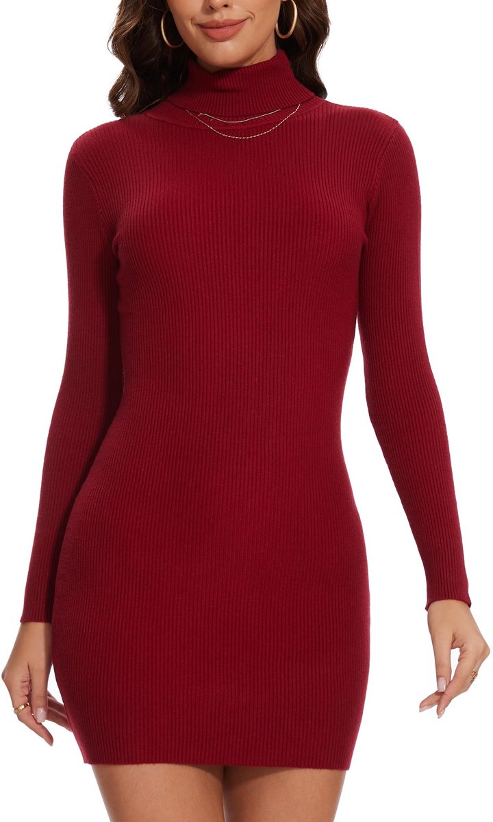 SolidKeus - Dames Basic Coltrui Jurk met Lange Mouwen en Ribbelstructuur