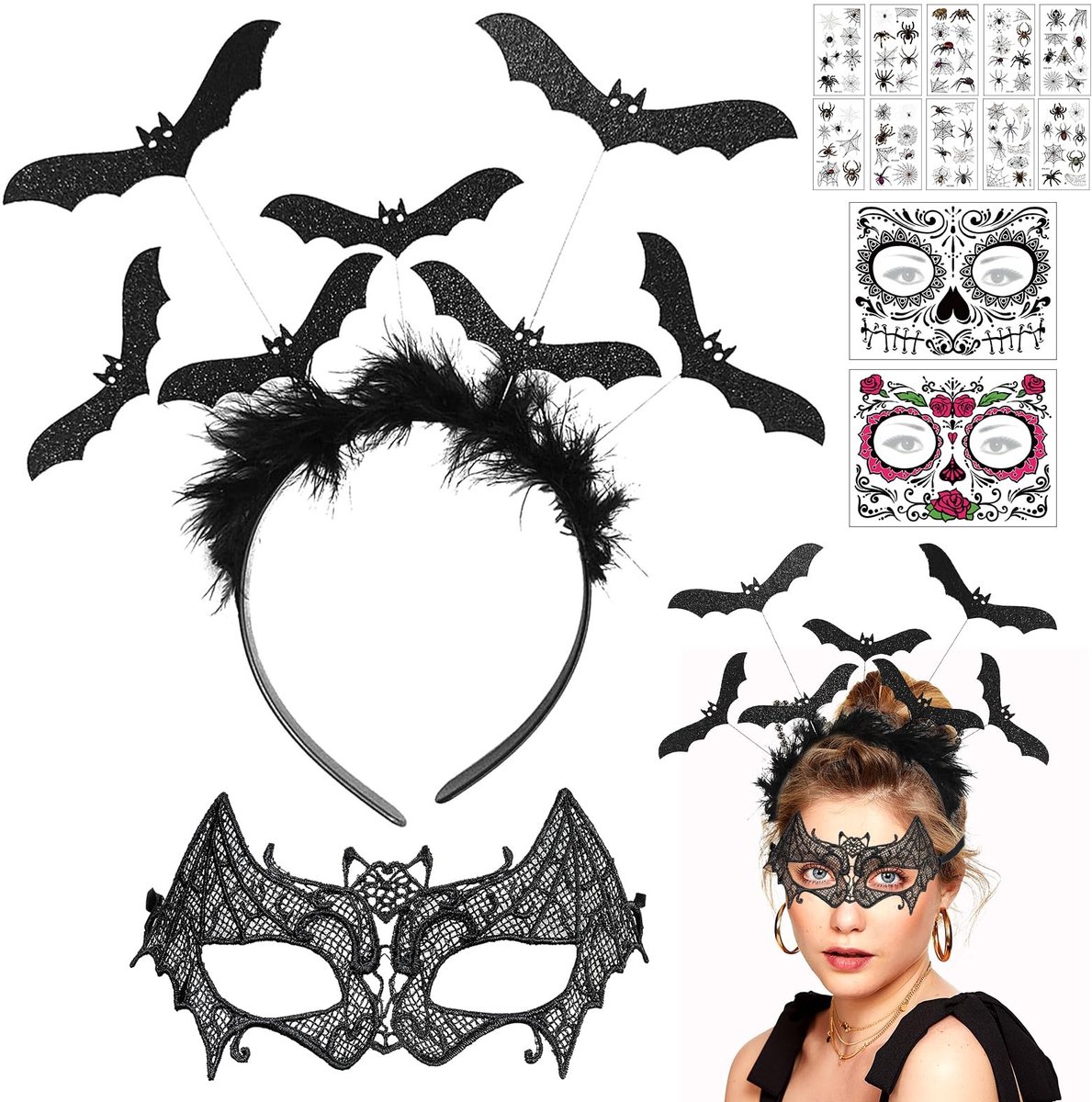 SolidKeus - 14-delige Halloween Kostuumaccessoires Set met Bat Hoofdband en Masker