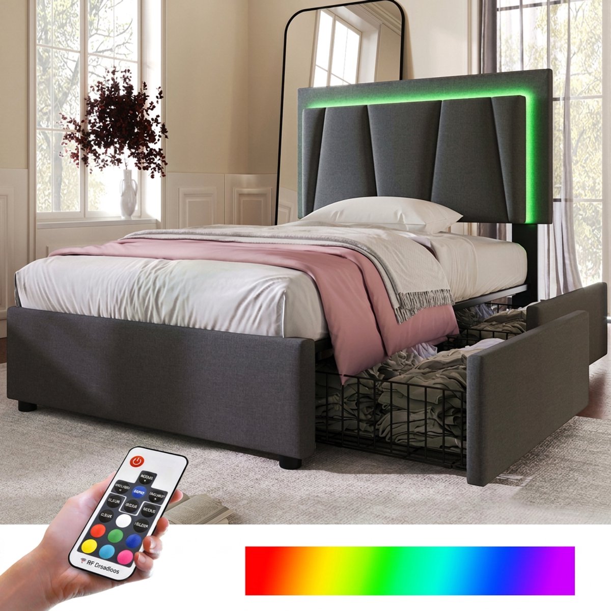 Gestoffeerd eenpersoonsbed 90 x 200 cm - LED, 2 lades en verstelbaar hoofdbord - Grijs-Matras niet inbegrepen