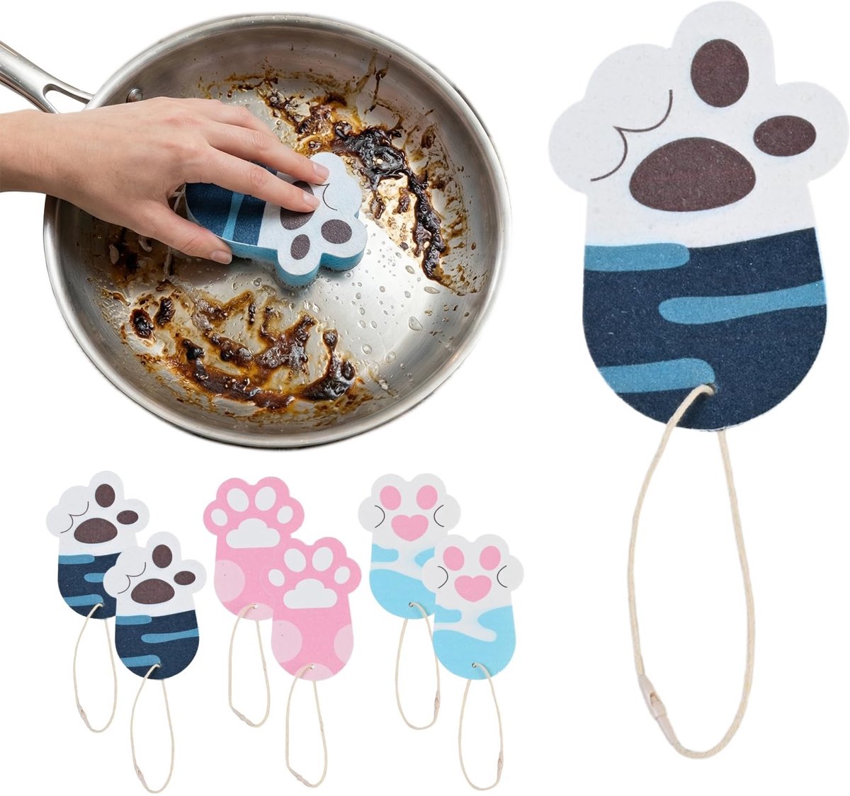 SolidKeus - Set van 6 Herbruikbare Keuken Sponsen met Kattenpootpatroon