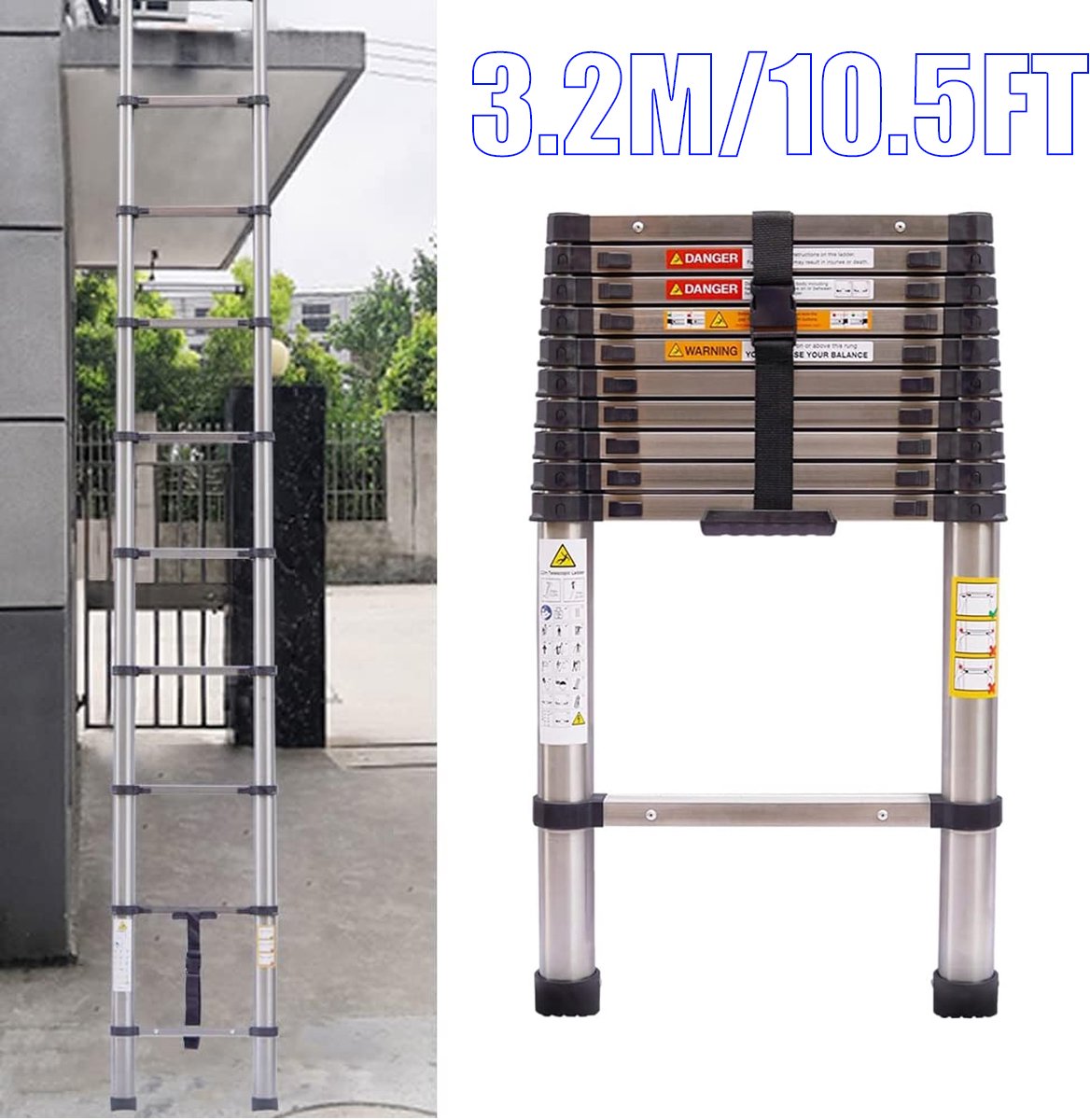 Telescoopladder 3,2 m/10,5 ft, Roestvrijstalen Telescoopladder, Draagbare Zolderladder Voor Thuis en Buiten