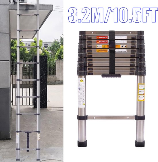 3,2M/10,5FT uitschuifbare ladder, zilverkleurig aluminium, opgevouwen.